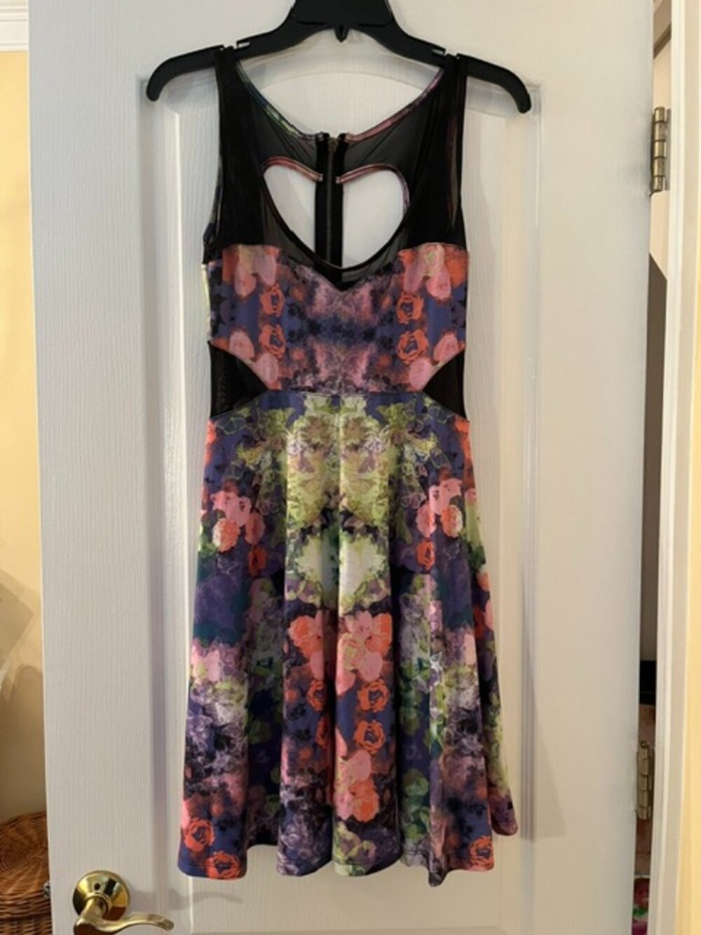 Material Girl Mesh‑Top Floral Fit & Flare Dress – M